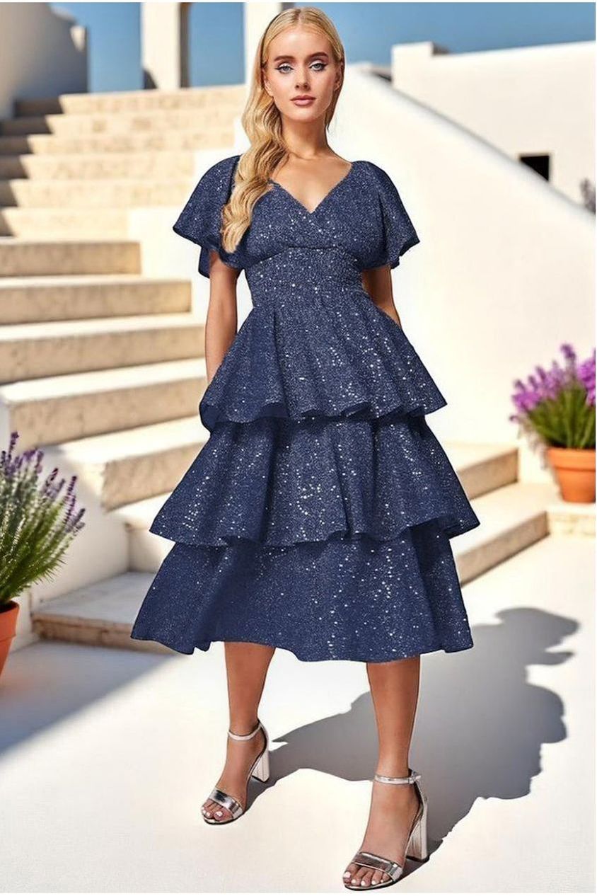 Sequin Lurex Tiered Midi Dress - Navy DR3656