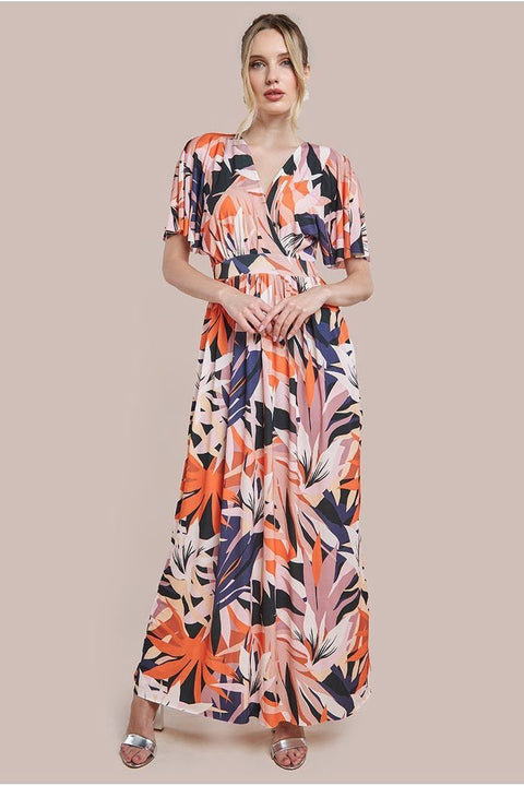 Floral Print Flutter Sleeve Maxi - Orange Print by Goddiva