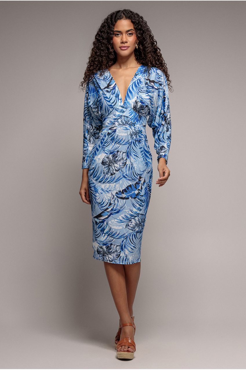 Tropical Print Midi With Batwing Sleeves - Blue DR3662