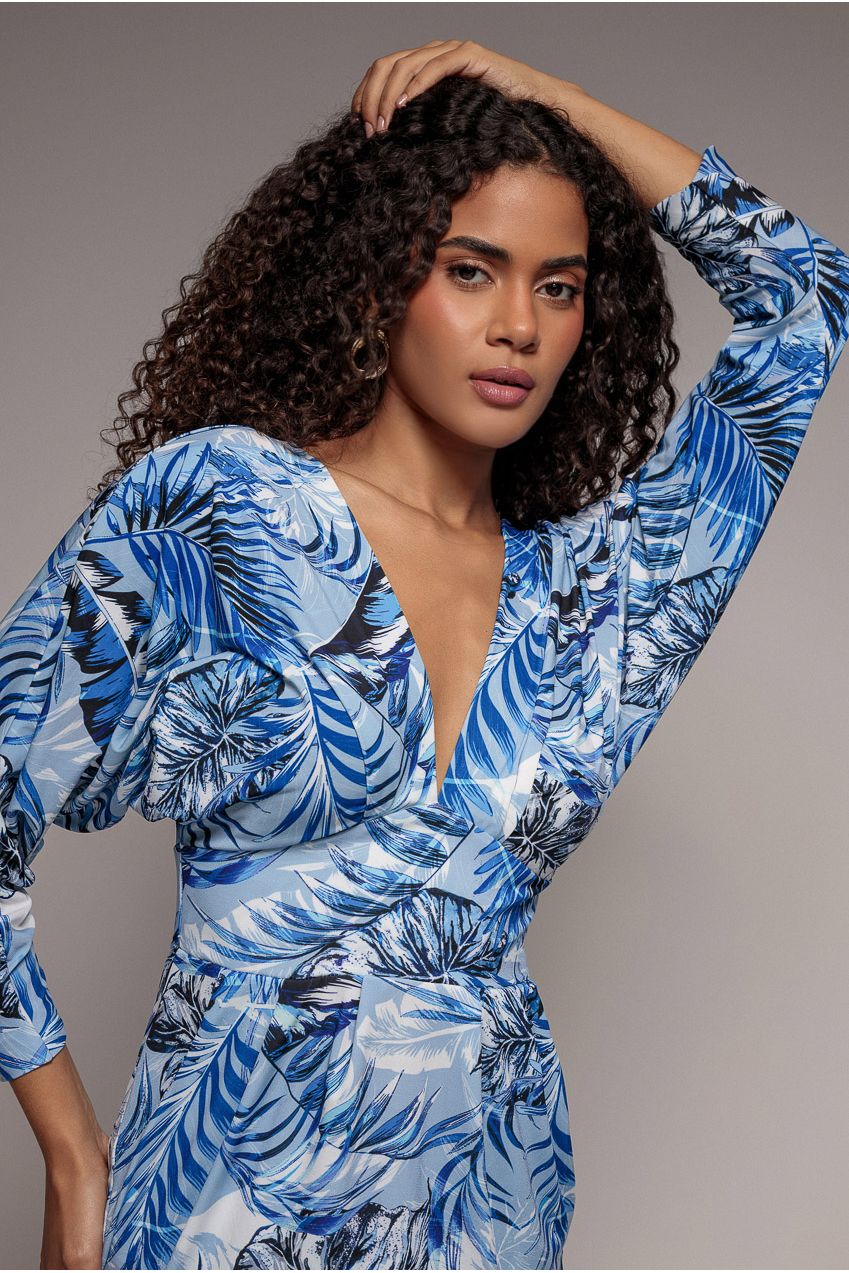 Tropical Print Midi With Batwing Sleeves - Blue DR3662