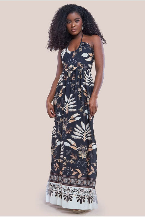 Printed Tie Back Maxi - Black by Goddiva