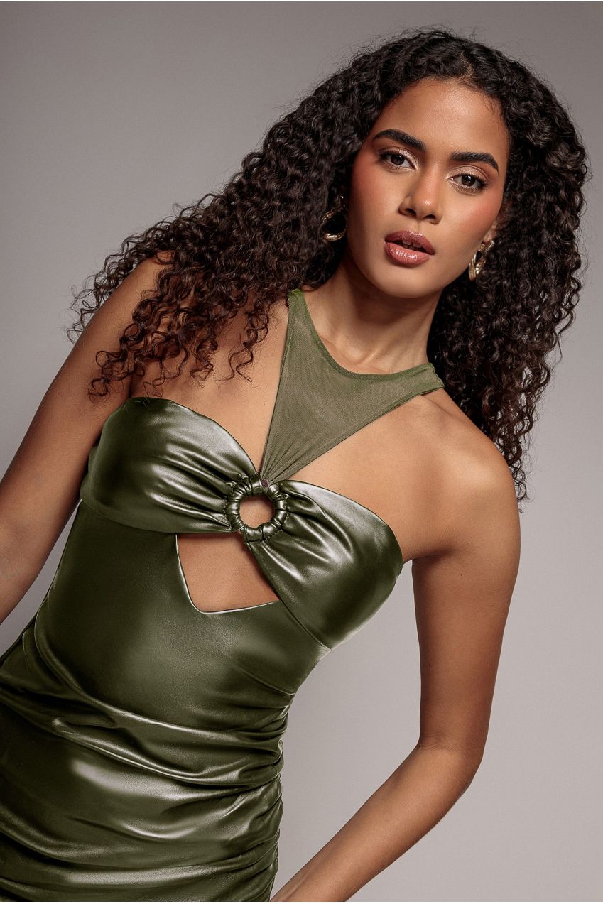 Cut Out Faux Leather Mini Dress - Khaki DR3664