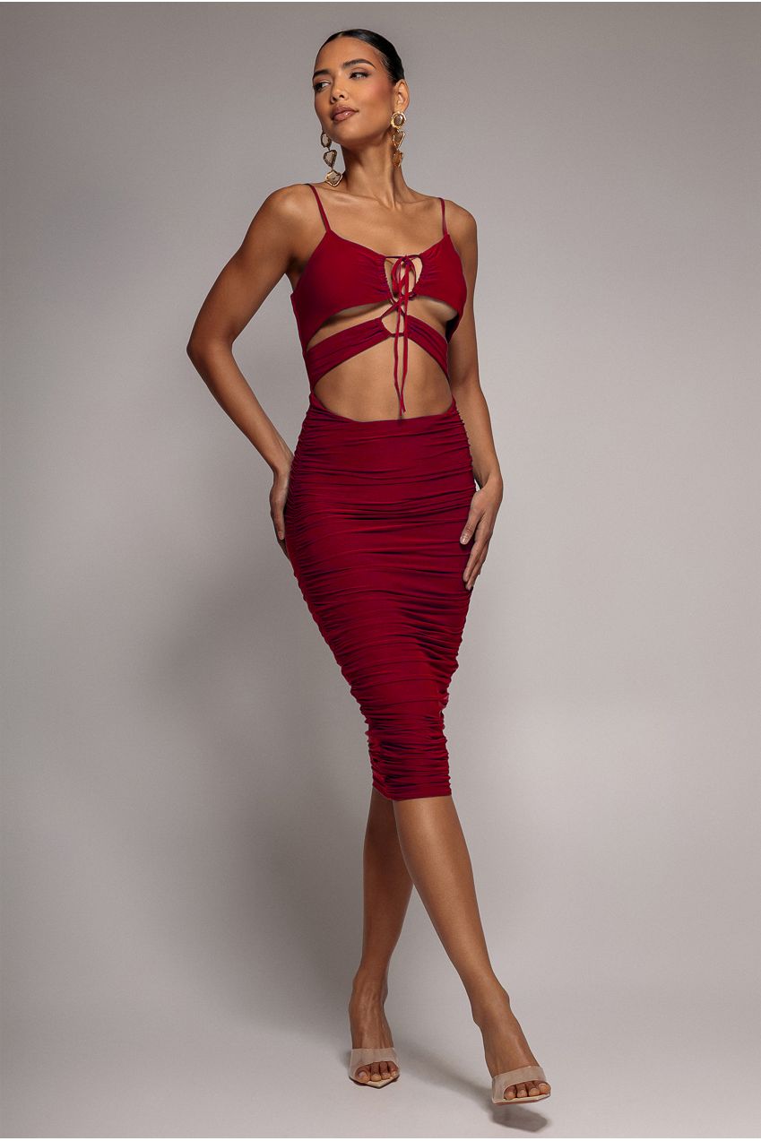 Cut Out Ruched Midi With Drawstring - Wine DR3665
