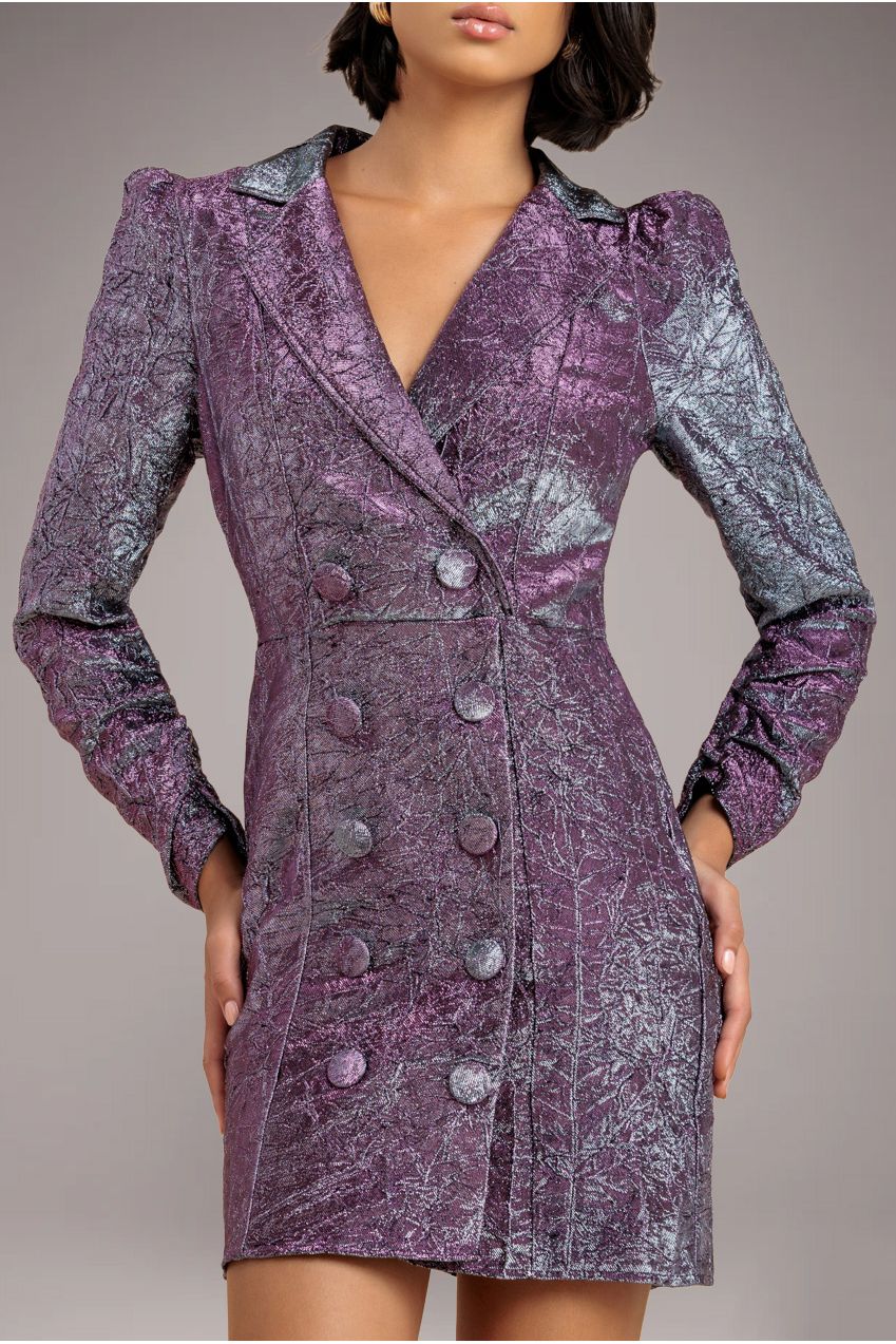 Iridescent Foil Print Blazer Mini Dress - Silver DR3669