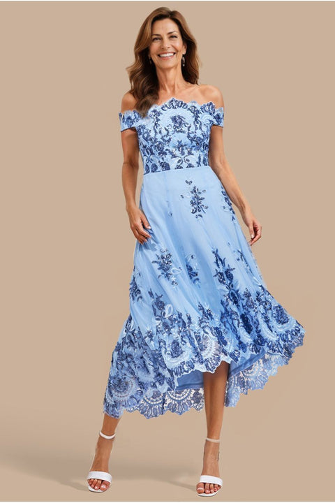 Bardot Sequin & Lace High Low Midi - Blue by Goddiva