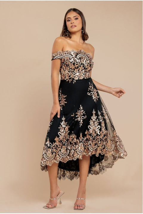 Bardot Sequin & Lace High Low Midi - Champagne by Goddiva