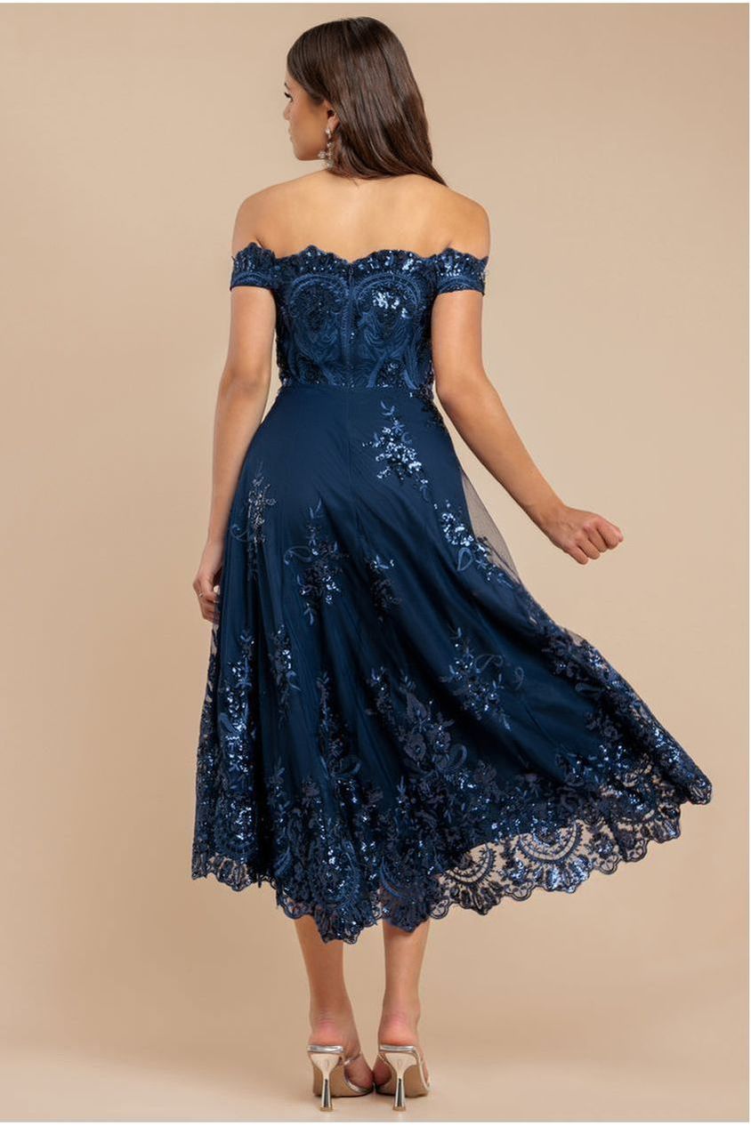 Bardot Sequin & Lace High Low Midi - Navy DR3675