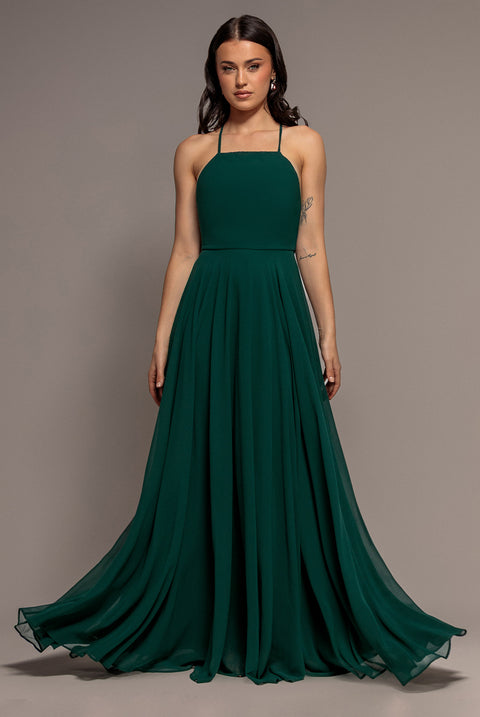 Chiffon A Line Sleeveless Maxi Dress - Dark Green by Goddiva