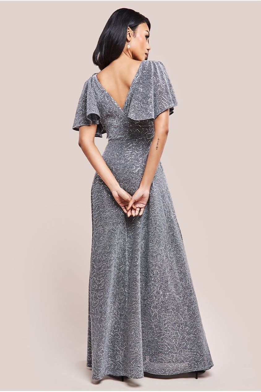 Sequin Lurex Flutter Sleeve Maxi Dress - Silver DR3680