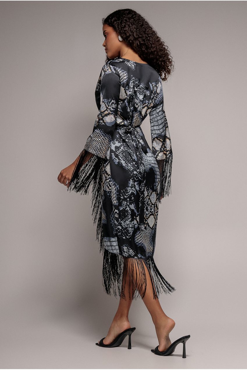 Foil Print Wrap Midi With Tassels - Black DR3699