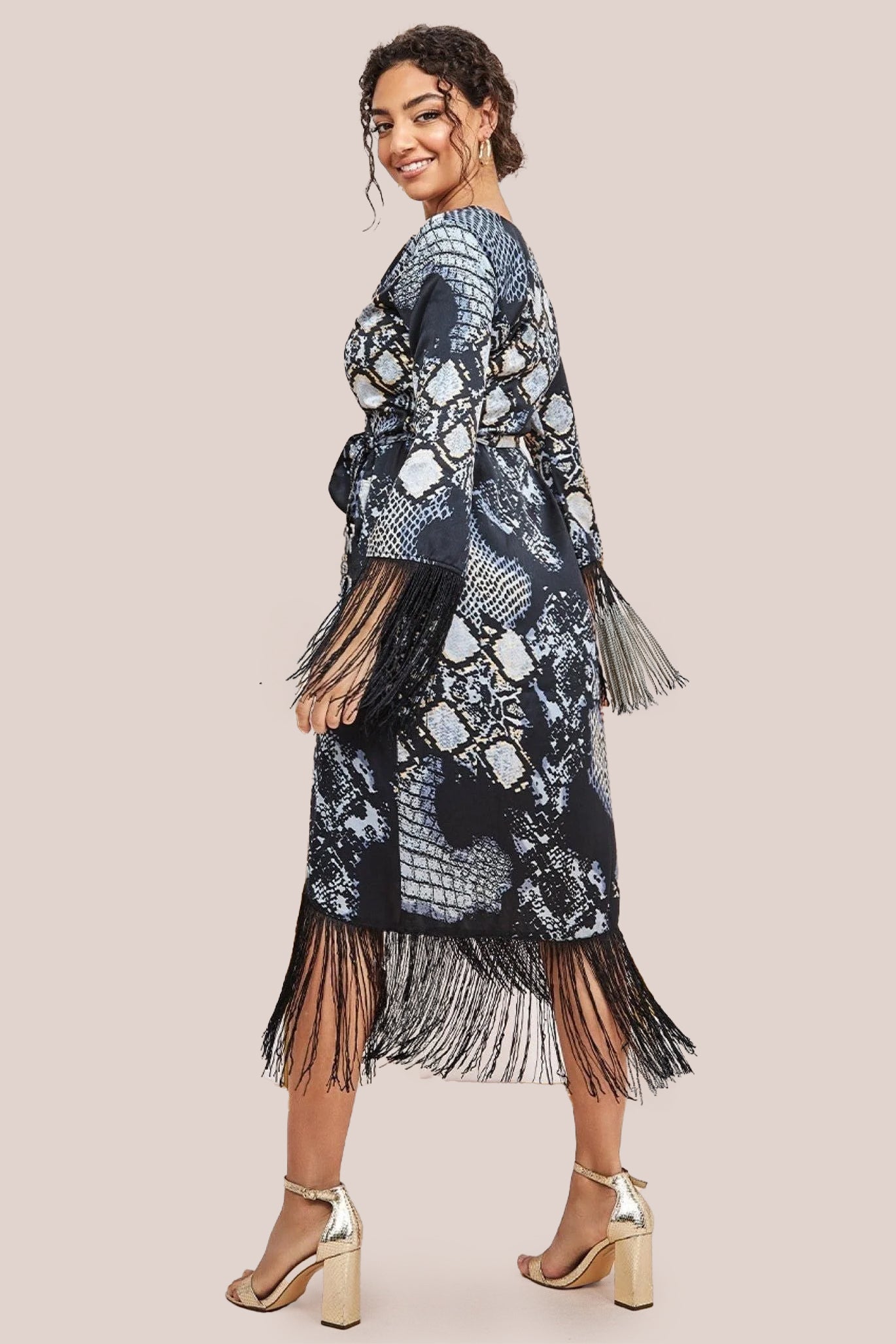 Foil Print Wrap Midi With Tassels - Black DR3699