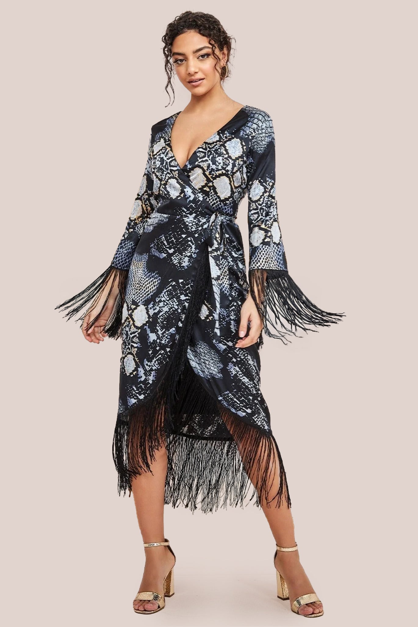 Foil Print Wrap Midi With Tassels - Black DR3699