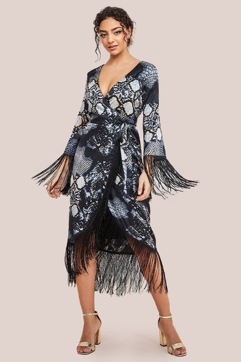 Foil Print Wrap Midi With Tassels - Black by Goddiva