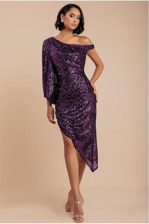 One Shoulder Asymmetric Midi Dress - Purple by Goddiva