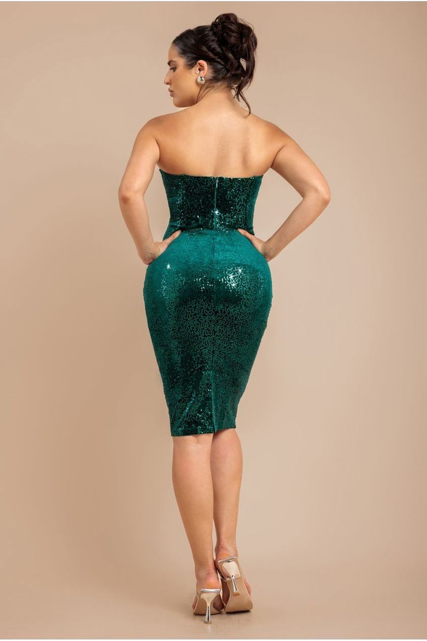 Bandeau Sequin & Velvet Midi Dress - Emerald Green DR3718