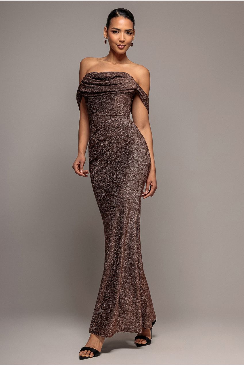Lurex Cowl Neck Off The Shoulder Maxi Dress - Bronze DR3719