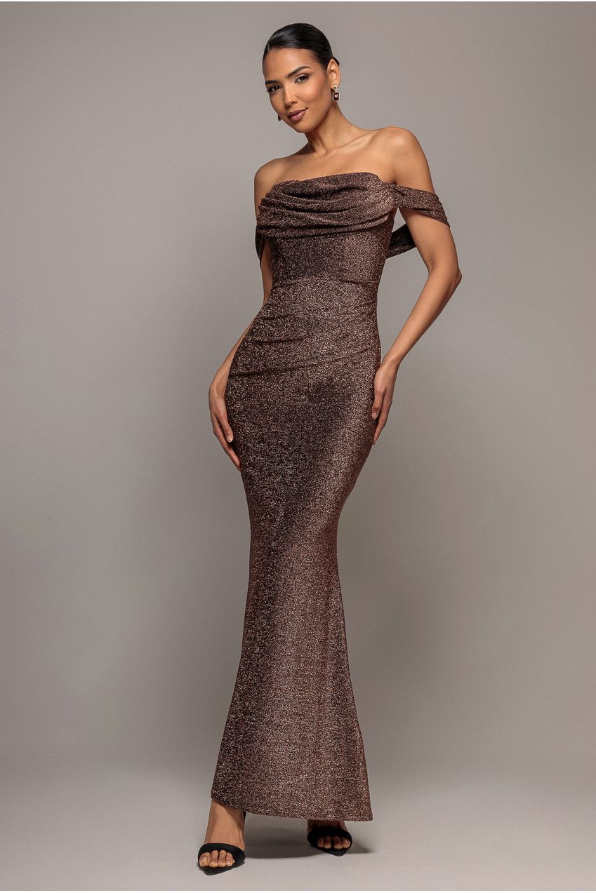 Lurex Cowl Neck Off The Shoulder Maxi Dress - Bronze DR3719