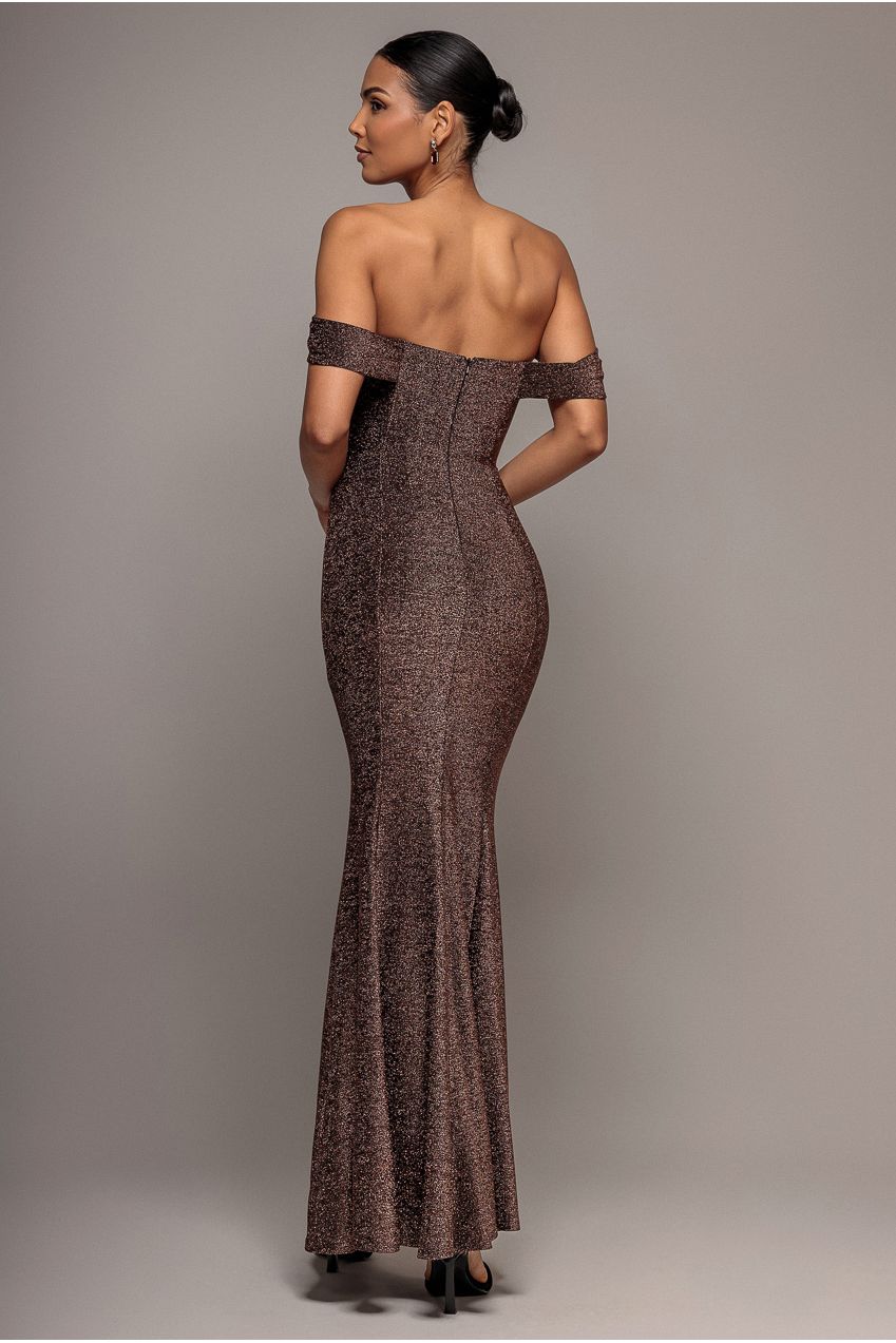 Lurex Cowl Neck Off The Shoulder Maxi Dress - Bronze DR3719
