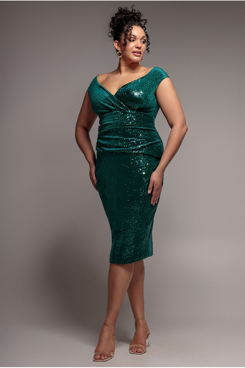 Sequin & Velvet Bardot Midi - Emerald Green DR3720P