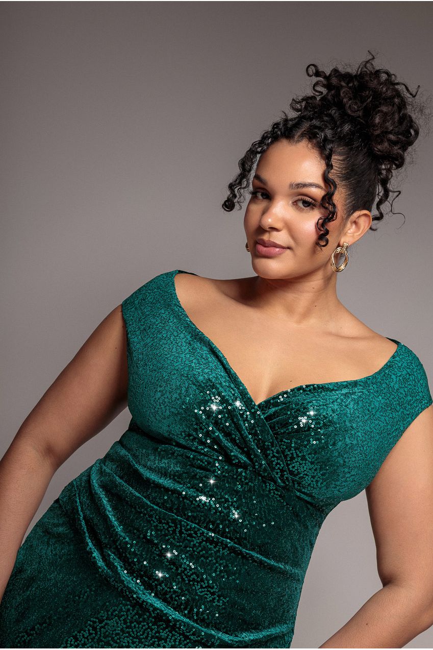 Sequin & Velvet Bardot Midi - Emerald Green DR3720P