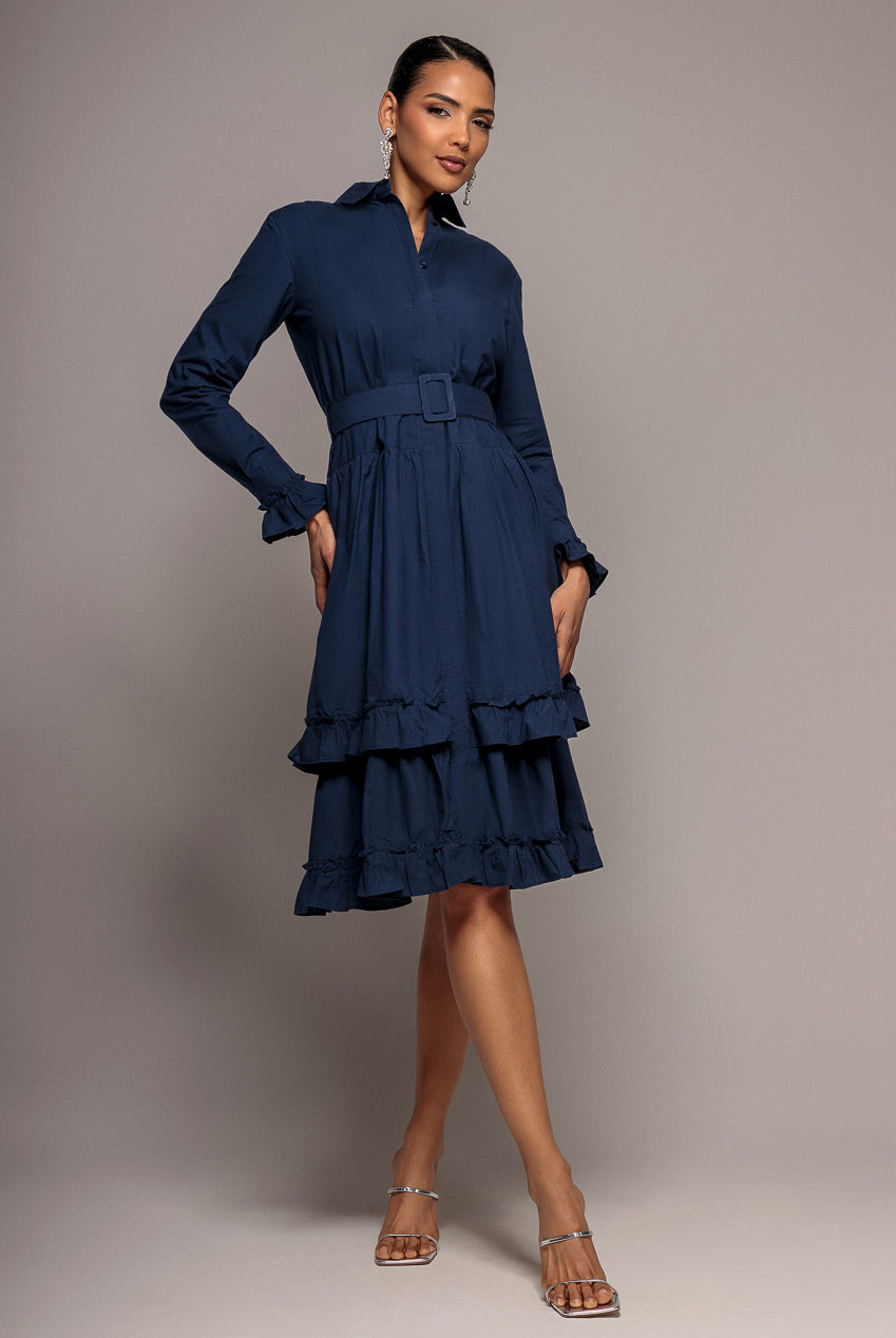 Tiered Shirt Belted Long Sleeve Midi Dress - Navy Blue DR3721