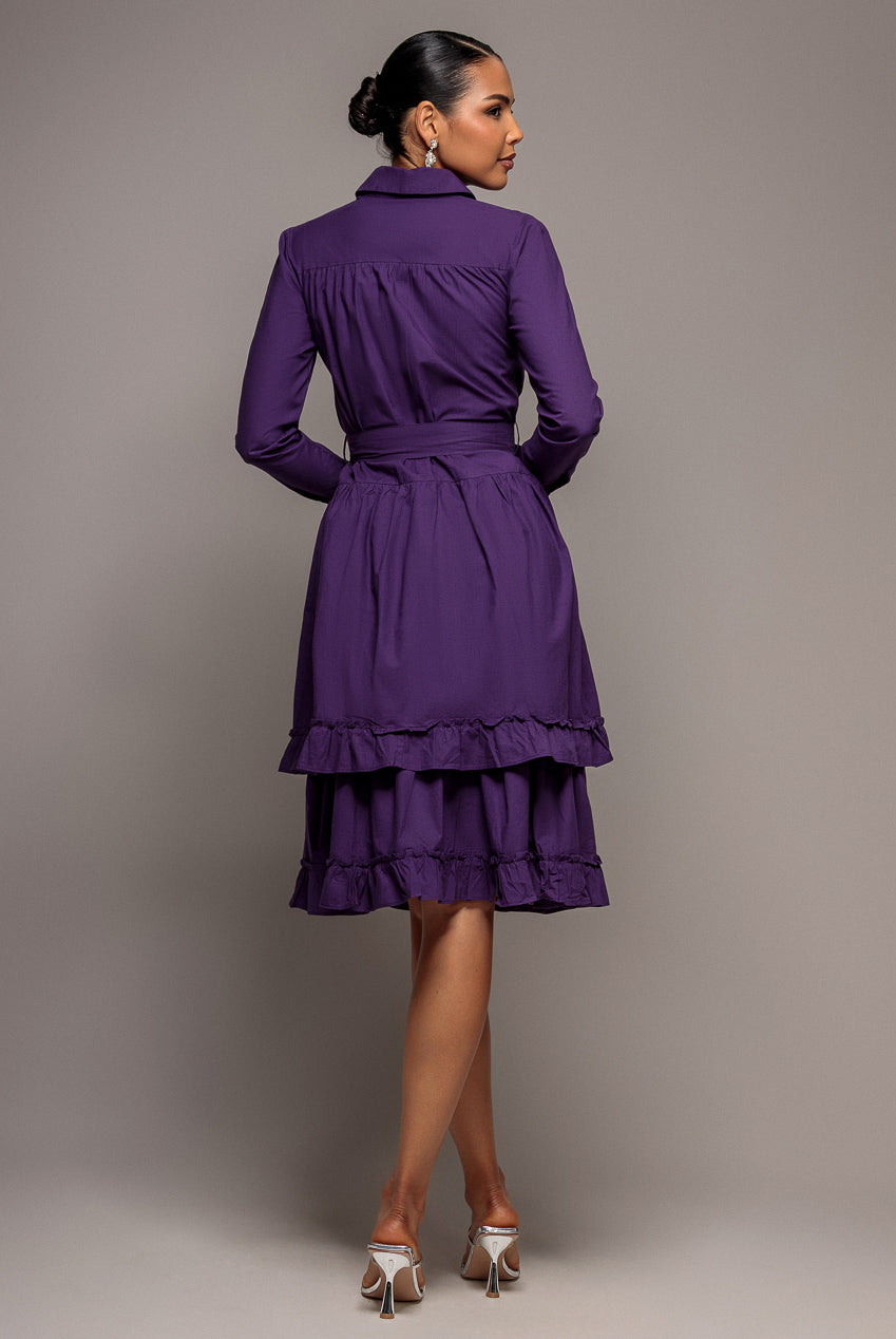 Tiered Shirt Belted Long Sleeve Midi Dress - Purple DR3721