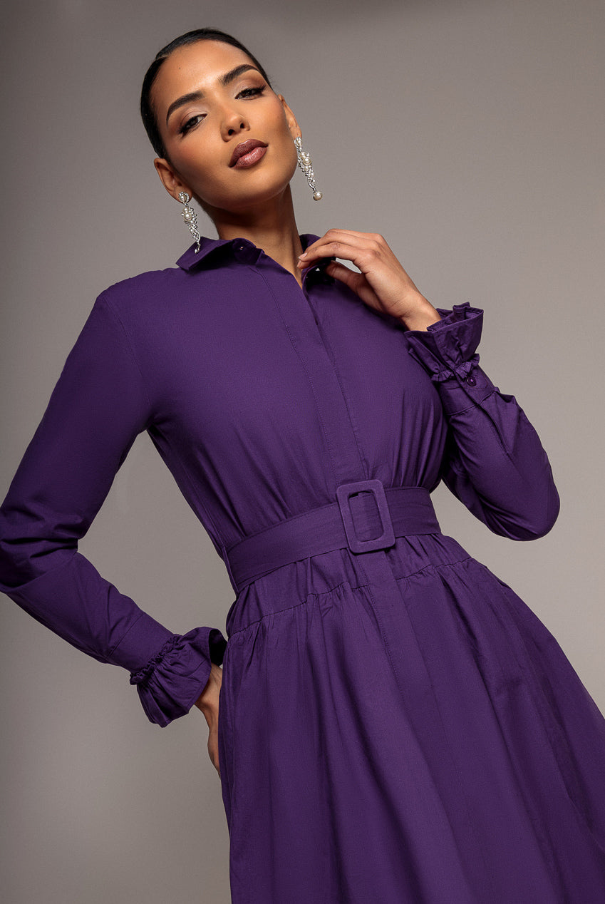 Tiered Shirt Belted Long Sleeve Midi Dress - Purple DR3721