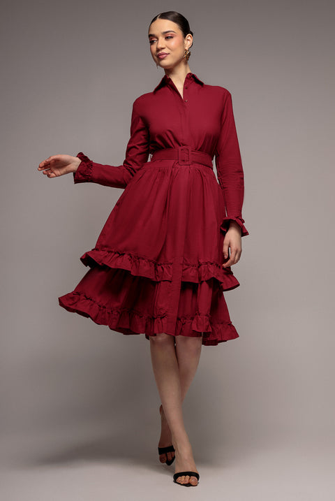 Tiered Shirt Belted Long Sleeve Midi Dress - Wine by Goddiva