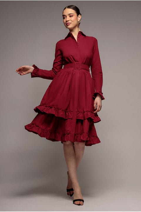 Tiered Shirt Belted Long Sleeve Midi Dress - Wine by Goddiva