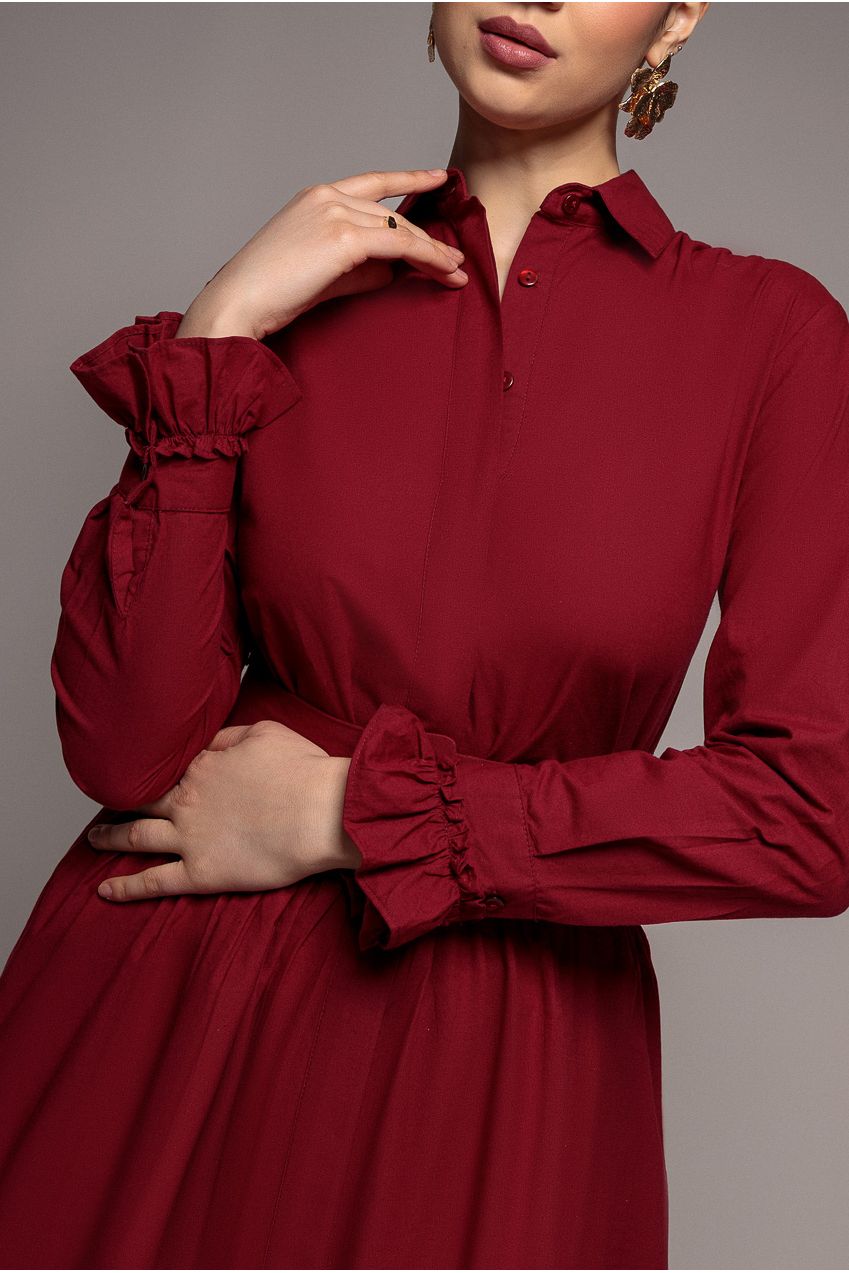 Tiered Shirt Belted Long Sleeve Midi Dress - Wine DR3721