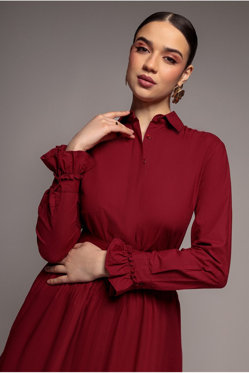 Tiered Shirt Belted Long Sleeve Midi Dress - Wine DR3721
