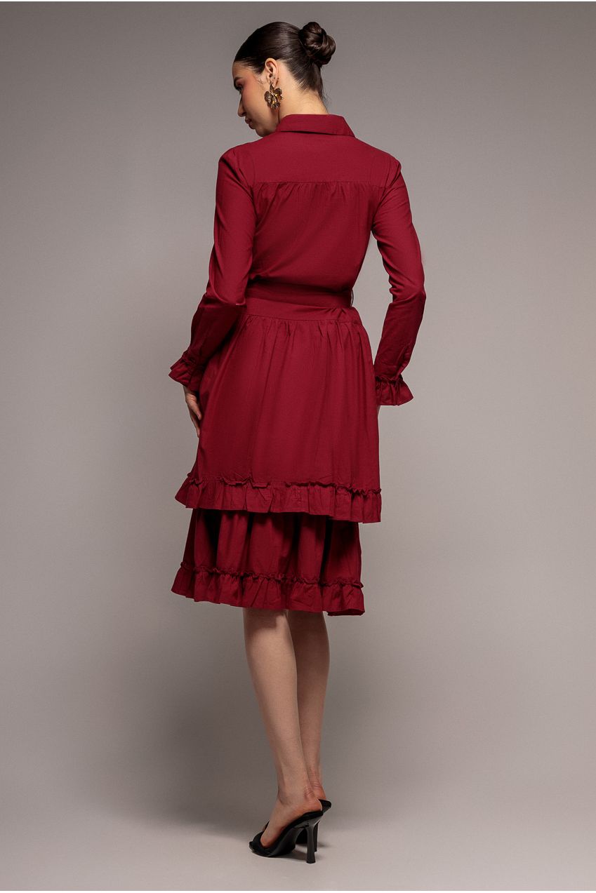 Tiered Shirt Belted Long Sleeve Midi Dress - Wine DR3721