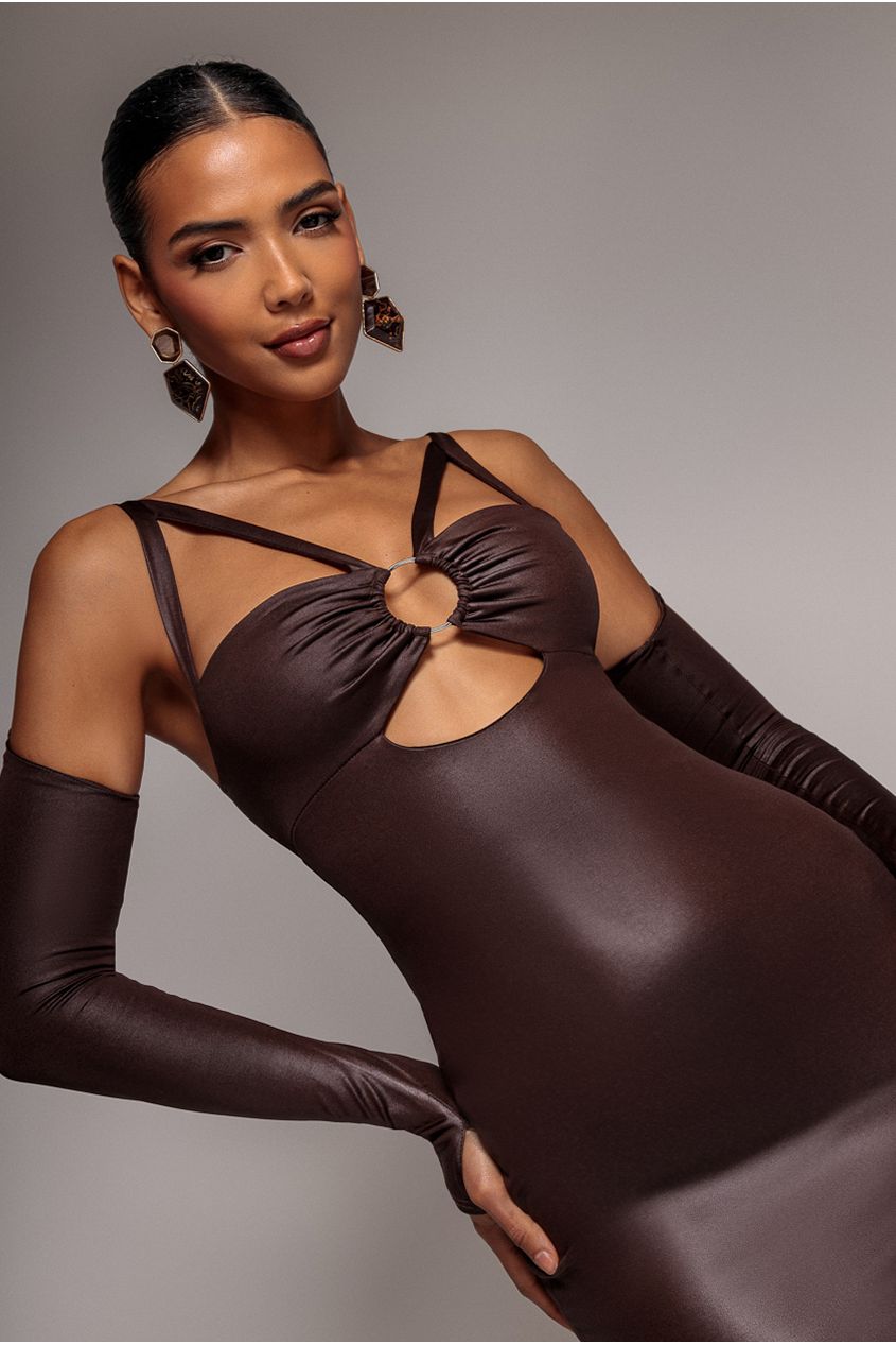 Faux Leather Cut Out Sheath Midi Dress - Brown DR3724