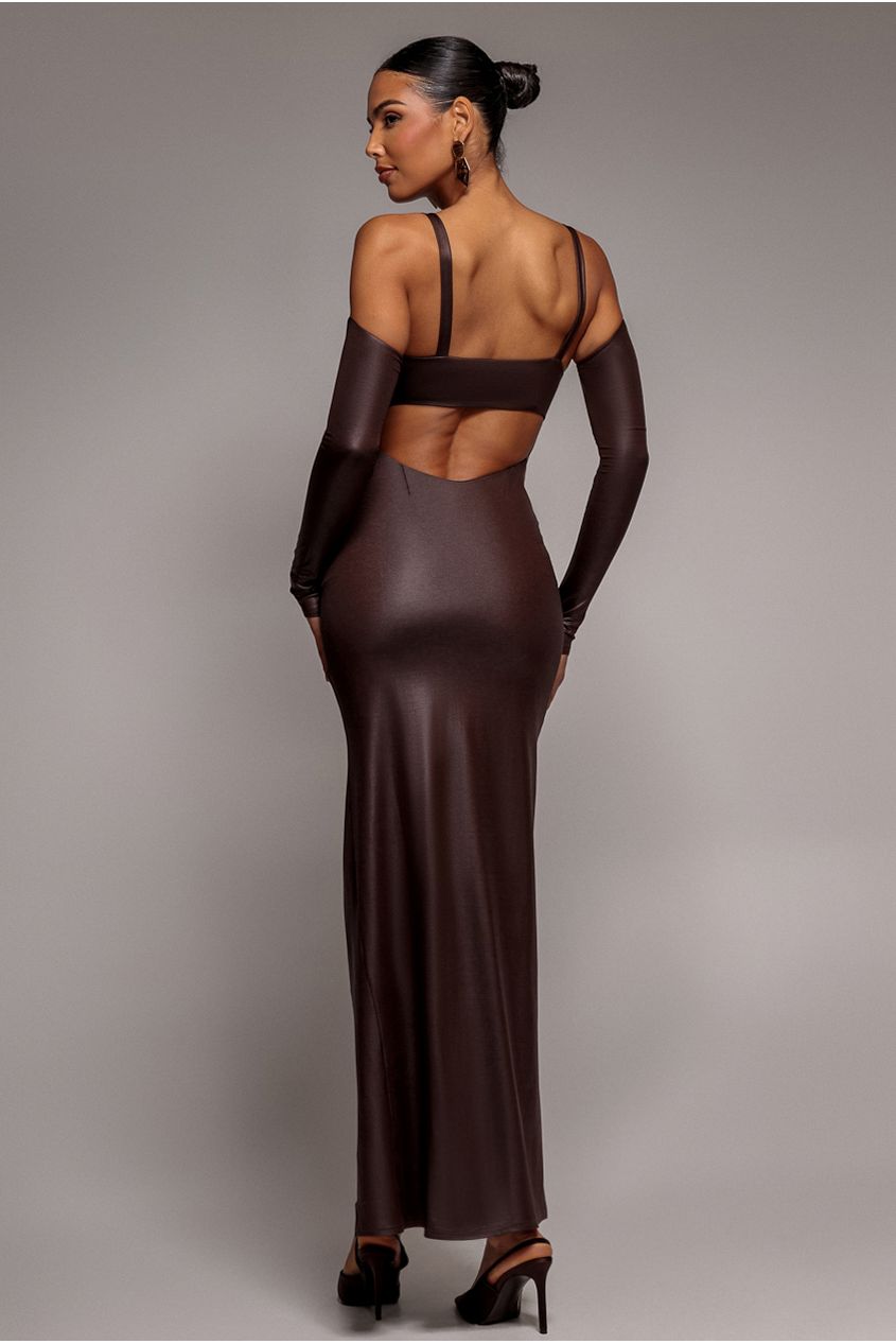 Faux Leather Cut Out Maxi Dress - Brown DR3725