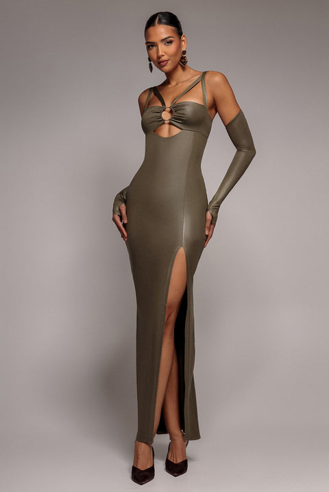 Faux Leather Cut Out Maxi Dress - Khaki by Goddiva