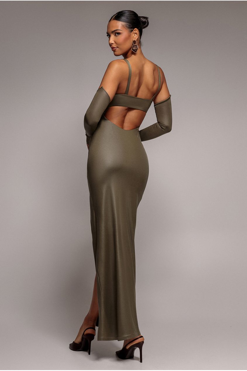 Faux Leather Cut Out Maxi Dress - Khaki DR3725