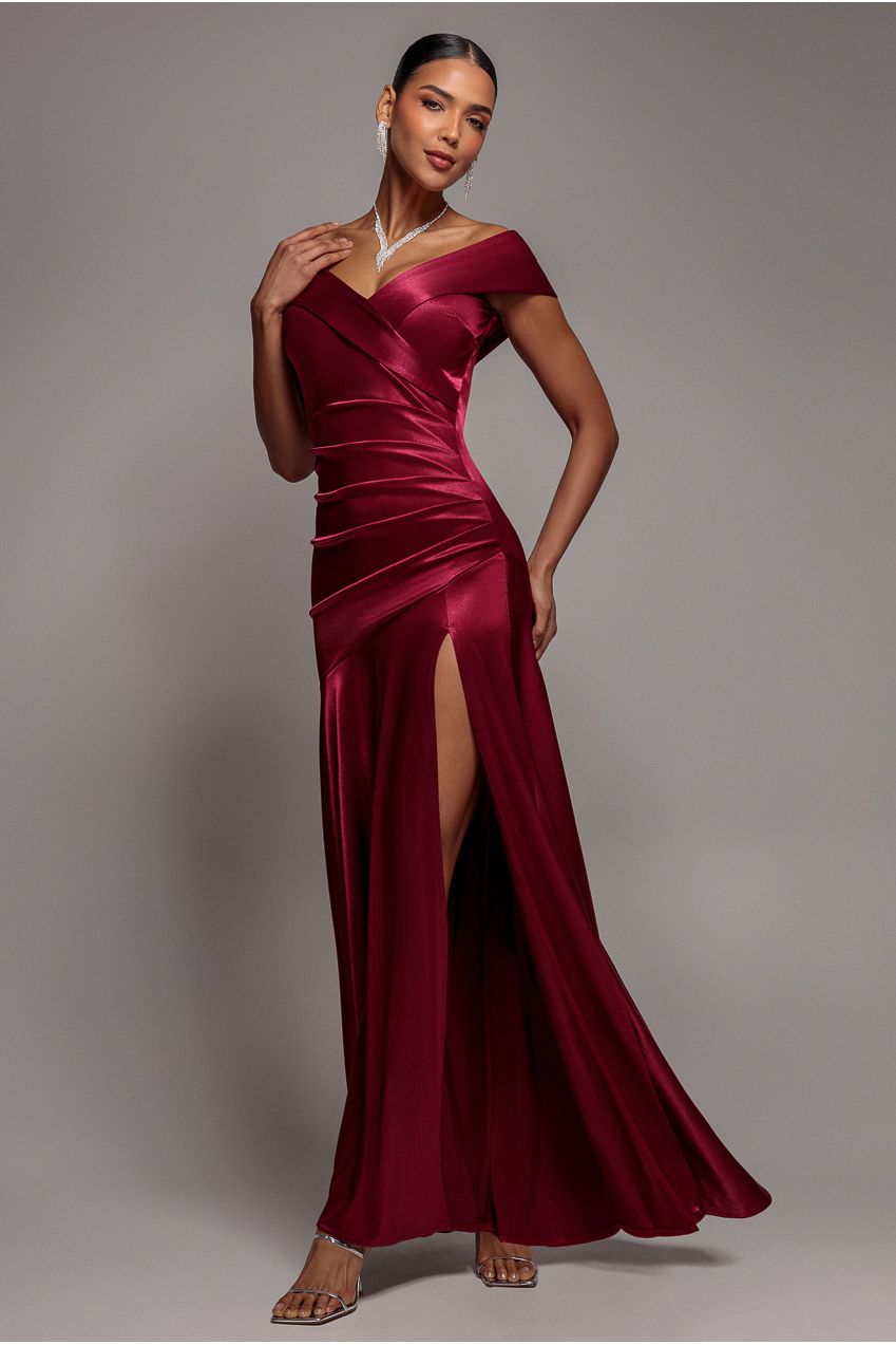 Satin Off Shoulder Pleated Maxi Dress - Berry DR3731