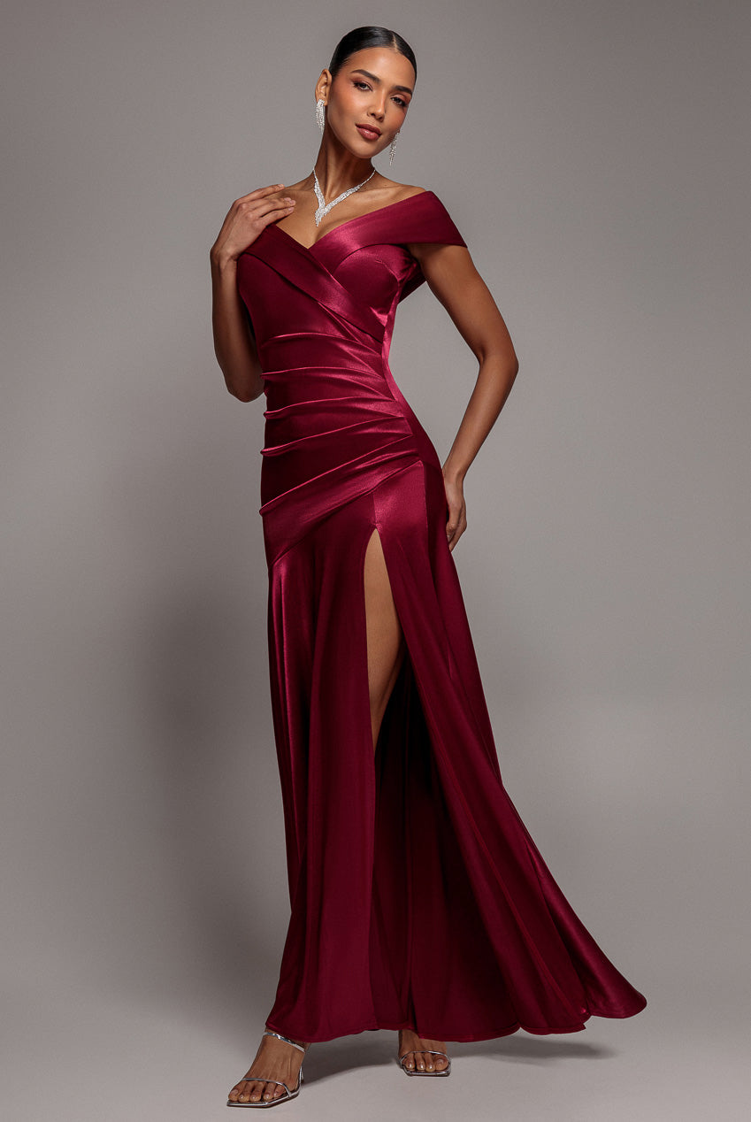 Satin Off Shoulder Pleated Maxi Dress - Berry DR3731