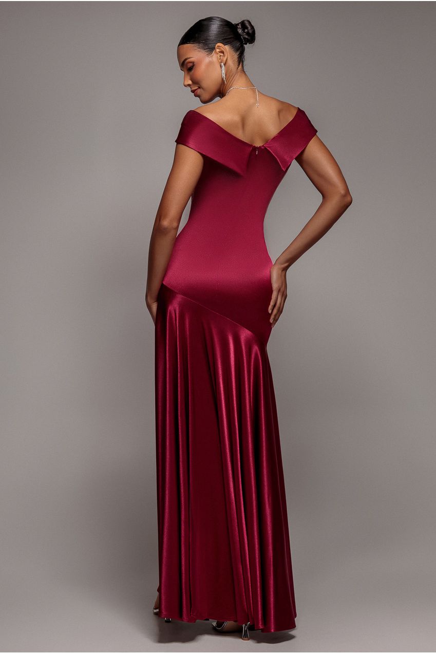 Satin Off Shoulder Pleated Maxi Dress - Berry DR3731