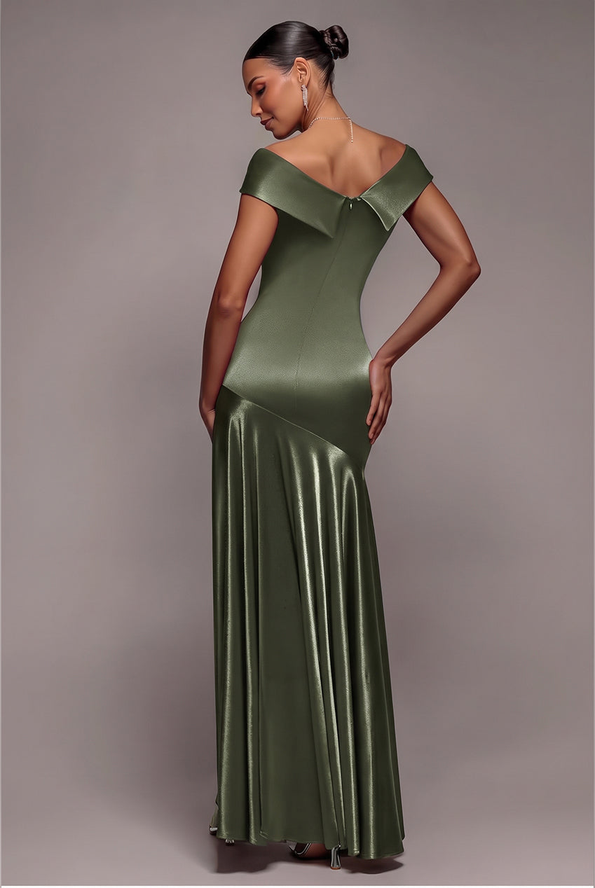 Satin Off Shoulder Pleated Maxi Dress - Olive Green DR3731
