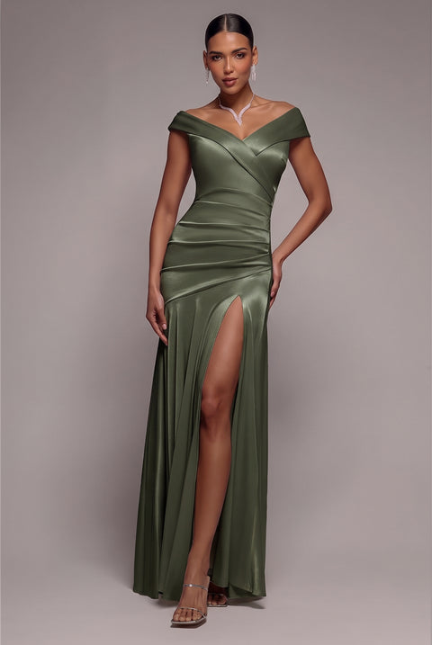 Satin Off Shoulder Pleated Maxi Dress - Olive Green by Goddiva