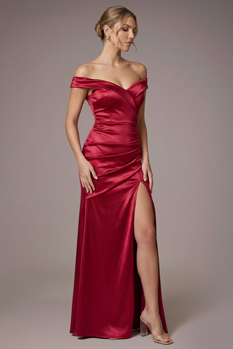 Satin Off Shoulder Pleated Maxi Dress - Berry by Goddiva