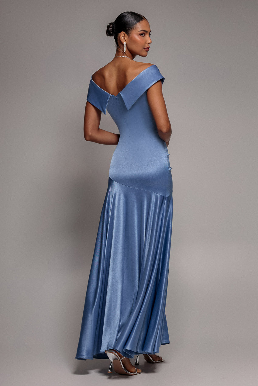 Satin Off Shoulder Pleated Maxi Dress - Dusty Blue DR3731