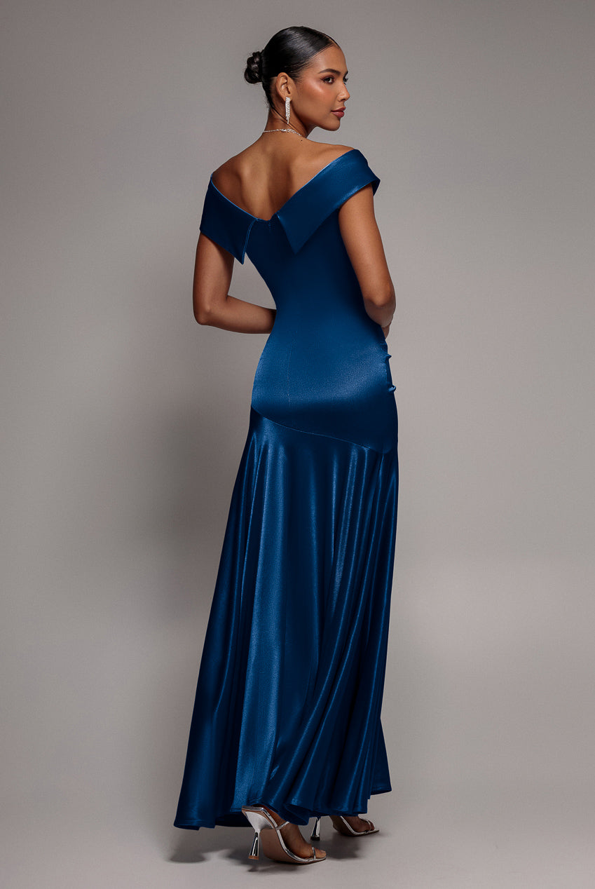 Satin Off Shoulder Pleated Maxi Dress - Navy Blue DR3731