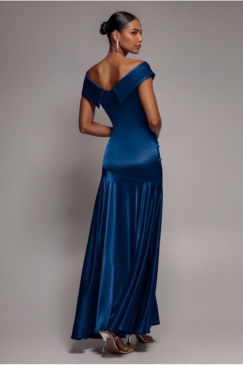 Satin Off Shoulder Pleated Maxi Dress - Navy Blue DR3731