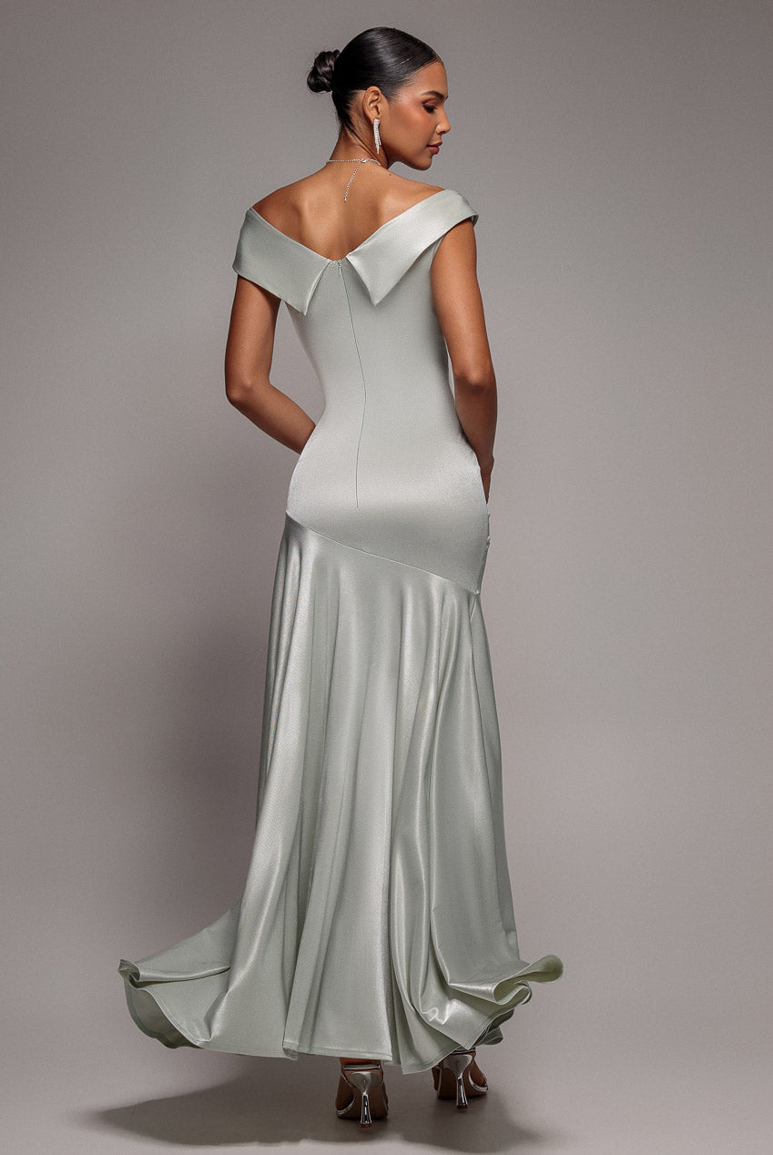 Satin Off Shoulder Pleated Maxi Dress - Sage Green DR3731