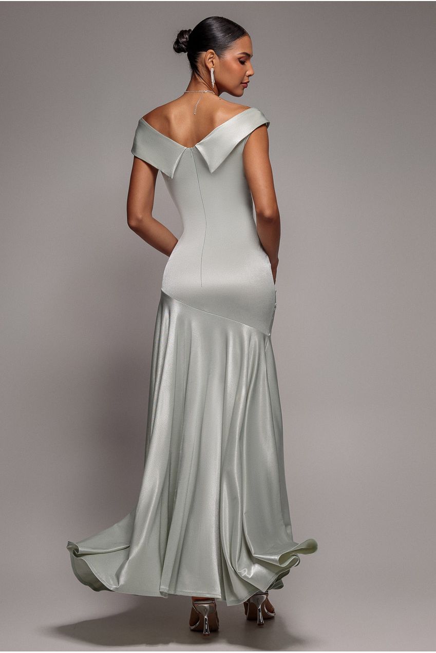 Satin Off Shoulder Pleated Maxi Dress - Sage Green DR3731