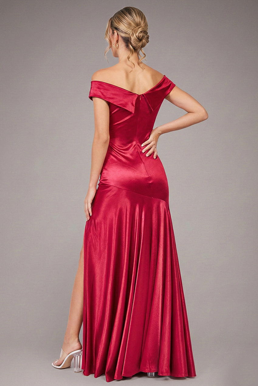 Satin Off Shoulder Pleated Maxi Dress - Berry DR3731