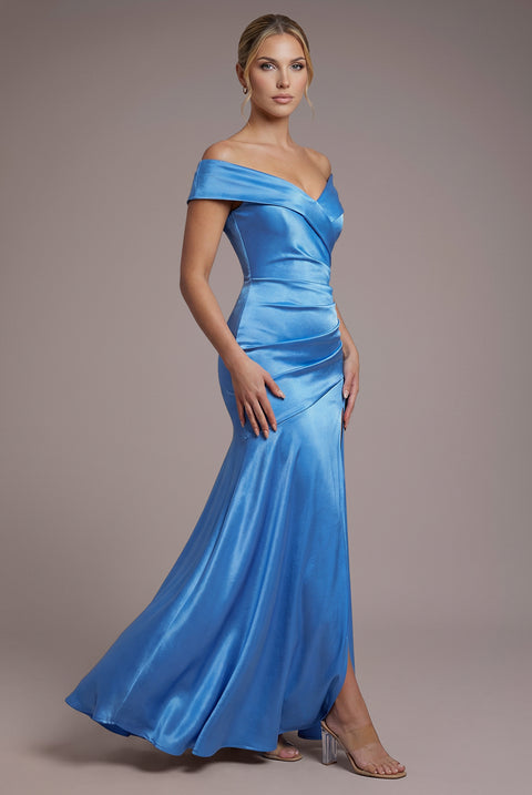 Satin Off Shoulder Pleated Maxi Dress - Dusty Blue by Goddiva