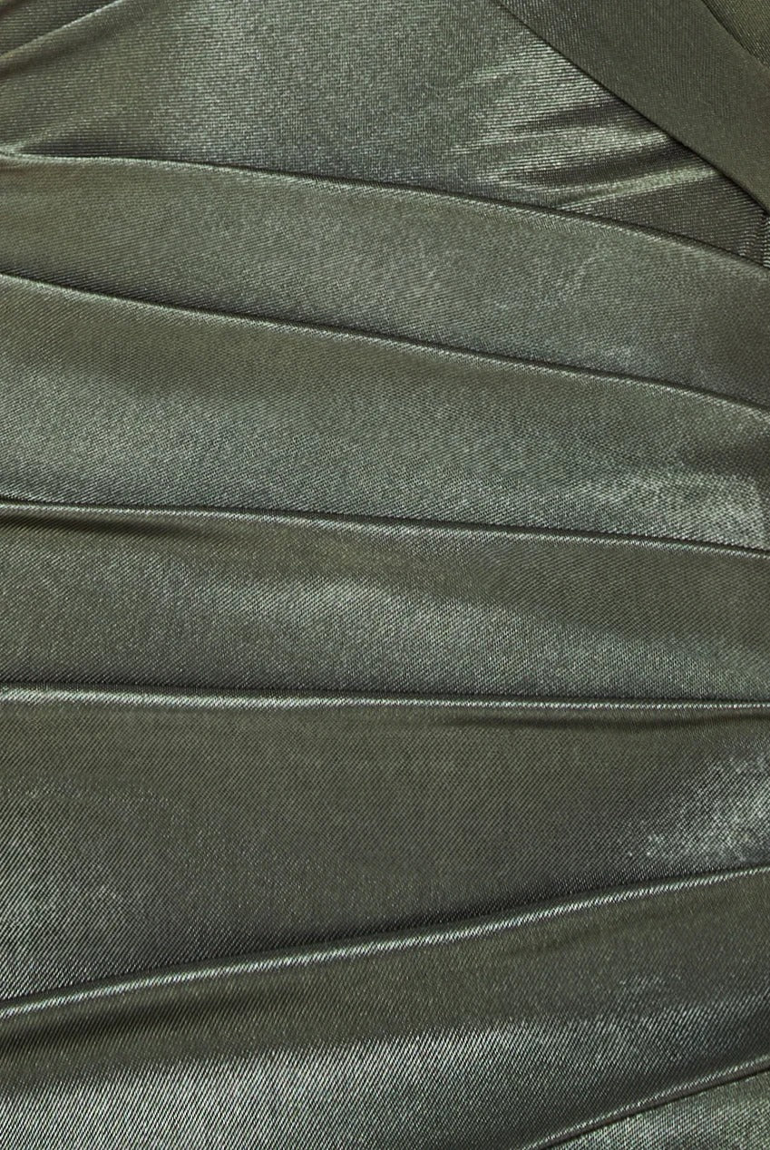 Satin Off Shoulder Pleated Maxi Dress - Olive Green DR3731